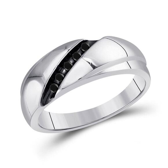 Black Diamond Mens Wedding Band Diagonal Row Ring 925 Sterling Silver - Picture 1 of 1